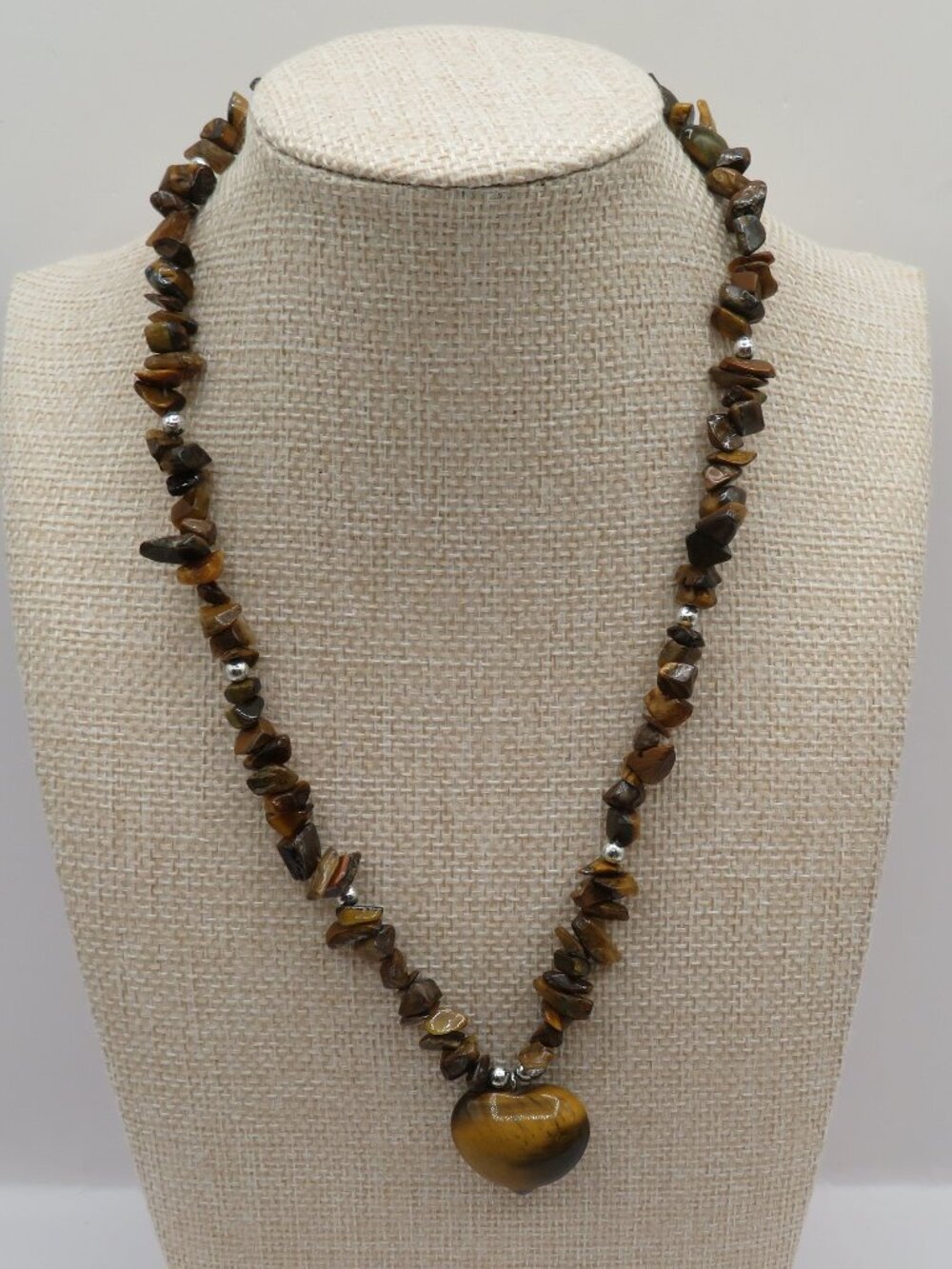 Vintage Tiger's Eye Chip and Heart Pendant Necklace